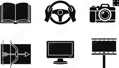 Set of six simple icons representing hobbies and activities