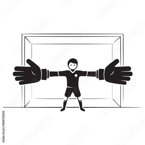 Minimalist Goalkeeper Illustration with Oversized Gloves Spanning Soccer Goal