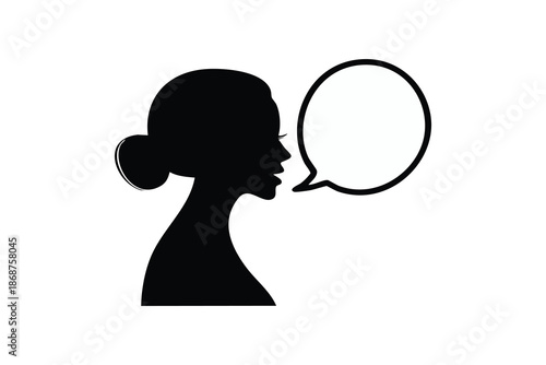 Black silhouette of a woman's head in profile with an empty speech bubble on a white background, symbolizing communication.
