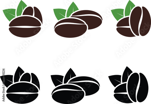 Coffee bean icons with leaves in two styles