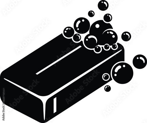 Black and white vector image of a soap bar with suds and numerous bubbles