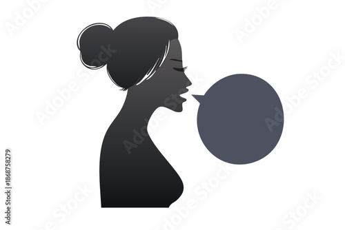 Silhouette of a woman speaking with a speech bubble, representing communication.