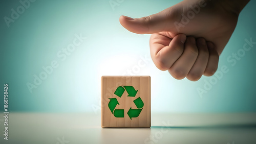 Positive environmental approval A hand giving a thumbs up gesture over a wooden block featuring a vibrant green recycling symbol, representing support for sustainable living and eco-friendly practices