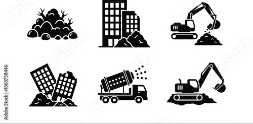 Construction and demolition site heavy machinery icons silhouette