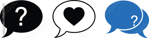 Speech bubble icons set with question mark and heart symbols