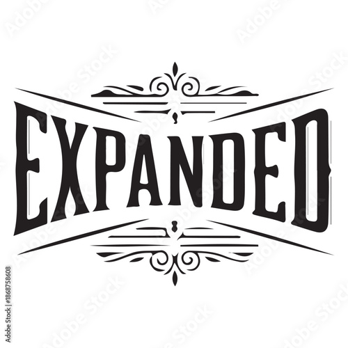 Bold 'Expanded' Text Design with Ornate Flourishes and Vintage Banner Shape