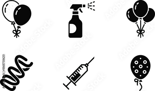 Party balloons, syringe, spray bottle, dna helix