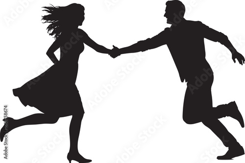 Romantic black silhouette vector of couple running toward each other holding hands, expressing joy, love, and emotional connection