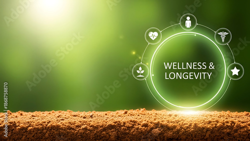Wellness and Longevity Icons representing health and a vibrant life circle on a natural green background