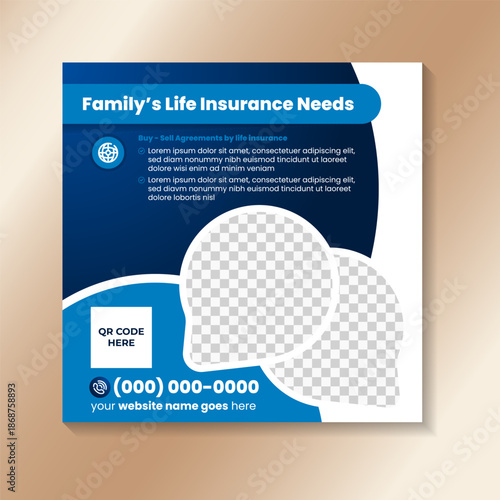 blue gradient element for family life insurance banner template design on square layout. bubble speech shape for photo space. vector illustration social media banner template