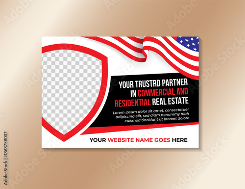 your  trusted  partner in commercial and residential real estate agency banner template on horizontal layout. shield shape for photo space. the illustration use America flag ornament on white backgrou