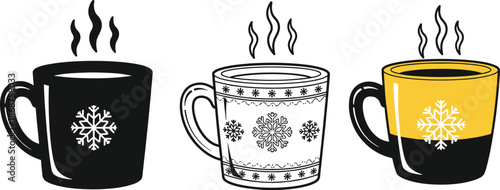 Three cups with hot steaming drinks decorated with snowflakes