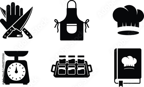 Cooking utensils chef hat recipe book kitchen scale spice rack icon set
