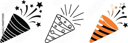 Party popper outline solid fill line art and colorful celebration illustration