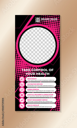 medica flyer template. vertical banner design with headline is take control of your health. modern abstract brochure background. vector illustration pink and black color with dot circle halftone patte