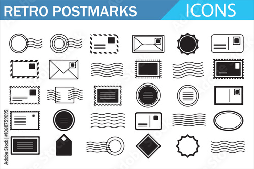 Vintage postal and postmark outline icons set for scrapbook design