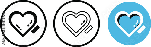 Heart in circle icon set with solid and outline and blue versions