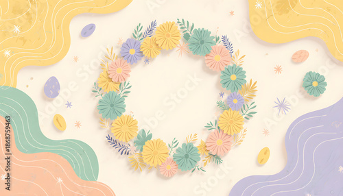 Festive Easter design background built around a stylized Easter wreath  