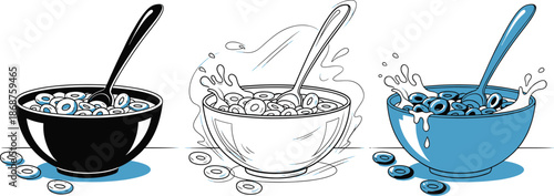Cereal bowl splashing milk with cereal rings and spoon