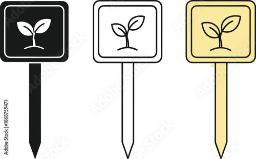 Garden plant marker signs in three different colors and styles