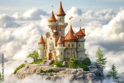 Majestic castle perched above clouds on a rocky formation under a bright sky