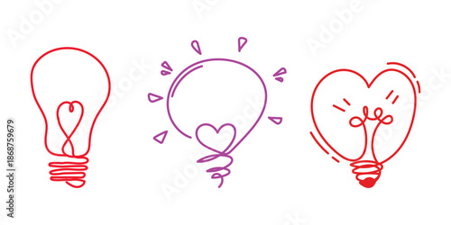 hand drawn colorful light bulb with heart doodle icons on white background, creative love and idea illustration