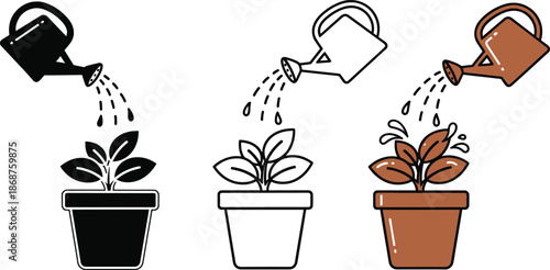 Watering can and plant in pot icons set for gardening concepts art