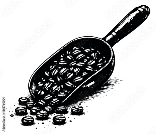 Hand drawn line art illustration of coffee beans in a scoop depicting beans overflowing for cafe menu