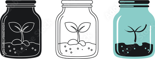 Jar with sprouting seed vector icon black line and color glyph illustration set