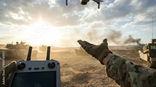 Soldier pov controlling drone for war military intelligence in desert with tanks at sunset or sunrise