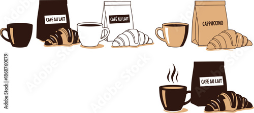Coffee cups croissants bags cafe au lait cappuccino design