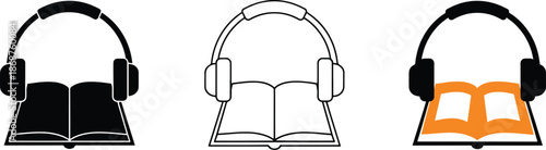Headphones with book icon set black outline colored