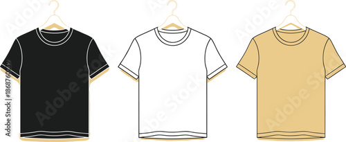 Various t-shirts on hangers showcasing different colors and styles