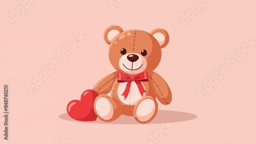 Cute Cartoon Teddy Bear with Red Bow.