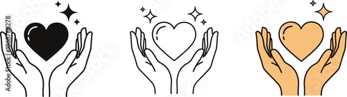 Human hands holding heart symbol in three different graphical styles