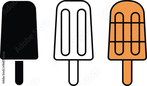 Popsicle ice cream icons in solid outline and color versions vector