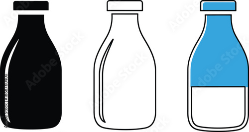 Milk bottle icons collection in silhouette and line art style vector