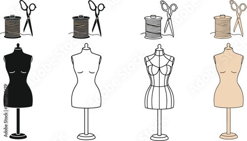 Sewing and tailoring with mannequin spools of thread and scissors set