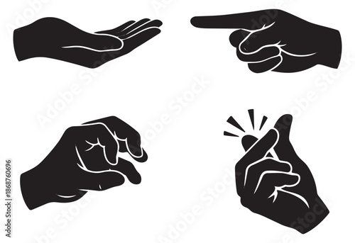 Graphic hand gestures set featuring various human hand poses for communication and interaction