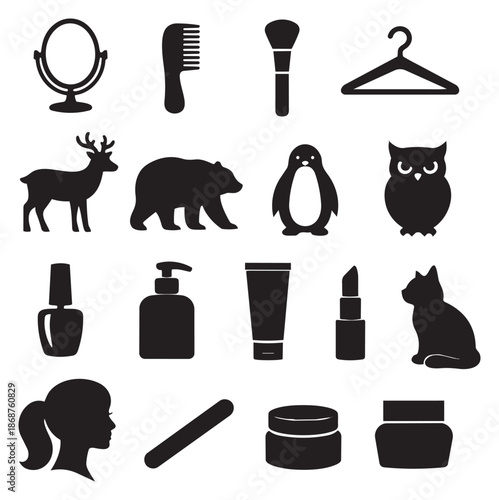 Silhouette diverse icons set featuring beauty, animal, and personal care symbols for various design projects