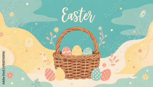 Festive Easter basket with colorful eggs and floral elements  