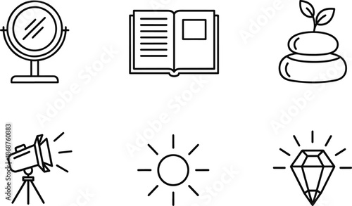 Wellness and lifestyle line icons set including mirror book and sun