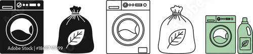 Laundry service icons with washing machine and detergent bottle set