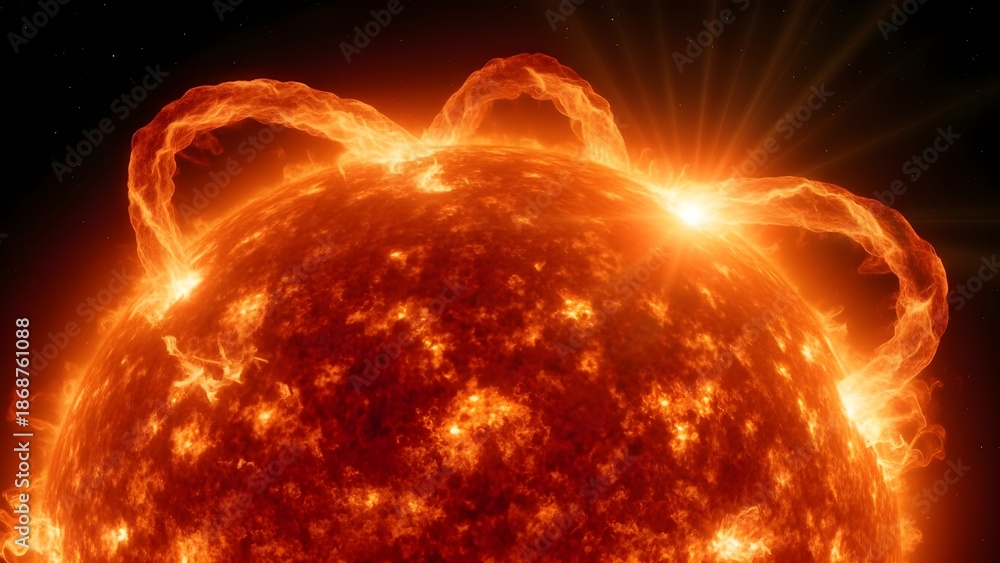 Obraz premium Massive Solar Flare Explosion & Plasma Loops: Active Sun Surface Space Weather Concept