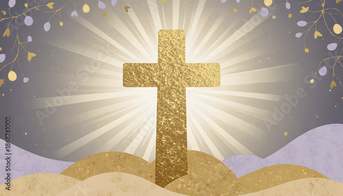 Gold cross silhouetted against soft background symbolizing resurrection and hope Concept of Easter  
