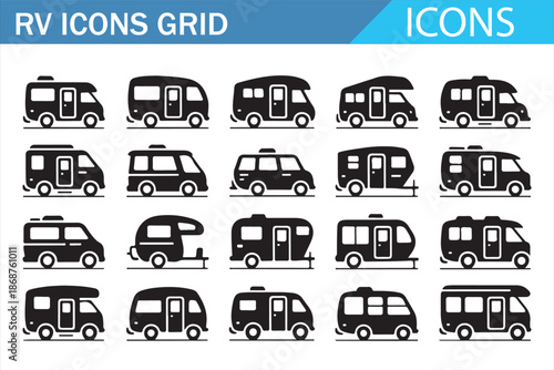 Camping travel vehicle icons set, RV motorhome line style collection