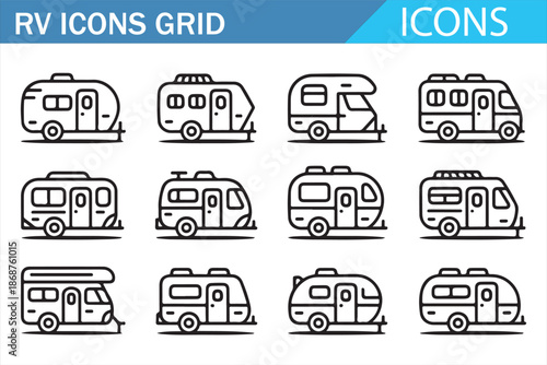 Minimal RV and camper outline symbols grid for infographic design