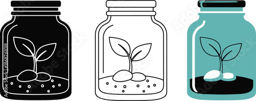 Seedling growing in jar icons vector set style