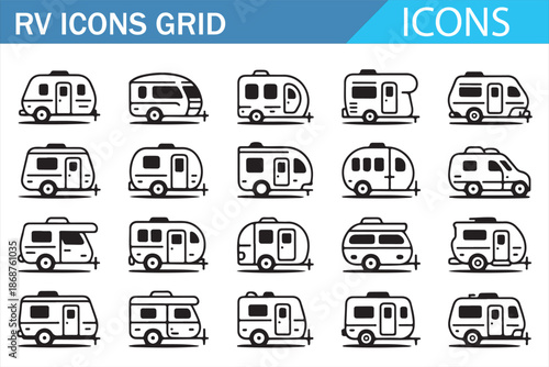 Travel camping RV icons pack, linear motorhome symbols collection