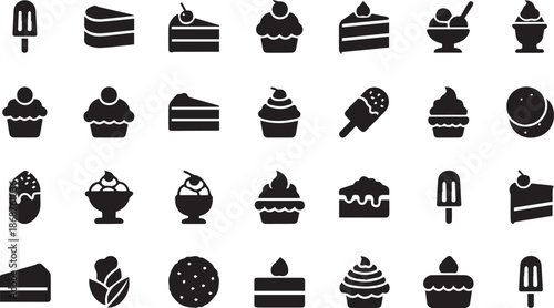 Dessert and Sweet Food Silhouette Icon Set – Vector Cake, Ice Cream, and Pastry Symbols for Bakery Design